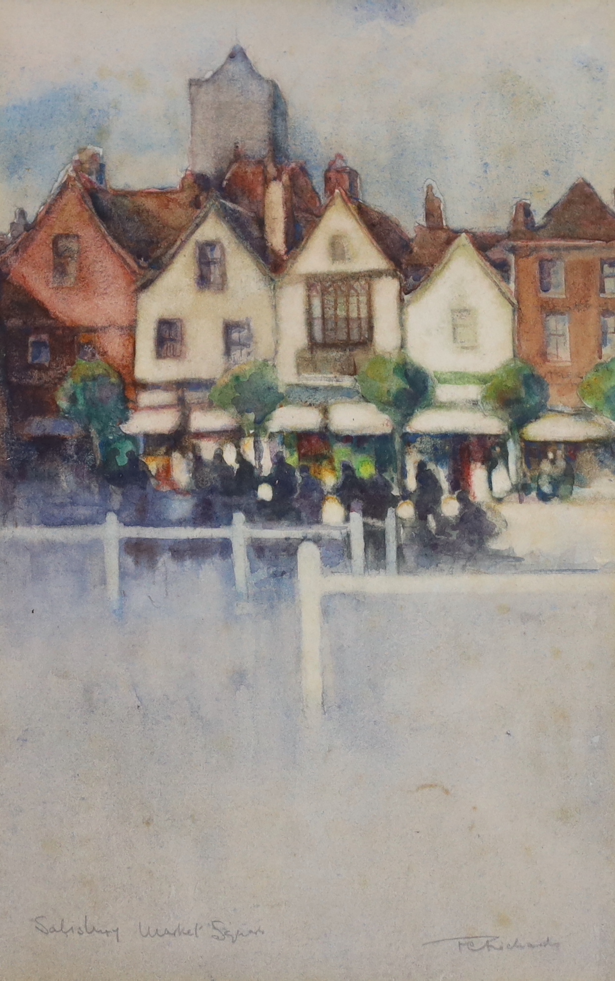 F.E.Richards, watercolour, Salisbury market square, indistinctly signed, 23cm x 14cm